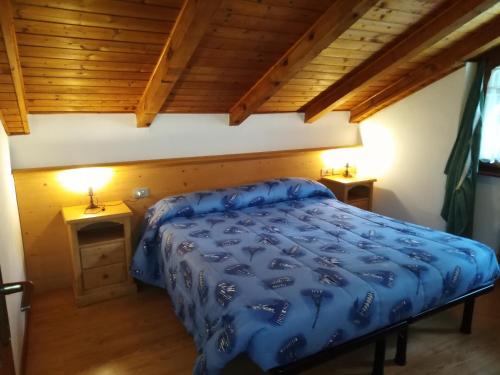 ピンツォーロにあるAppartamento Seppi Stile Trentinoの木製の天井のベッドルームで、青いベッド1台が備わります。