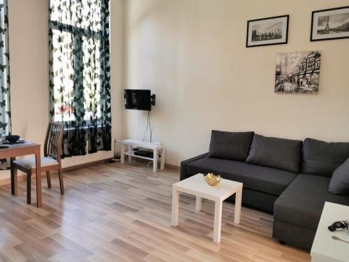 - un salon avec un canapé noir et une table dans l'établissement Cosy Europarlament apartment, à Bruxelles