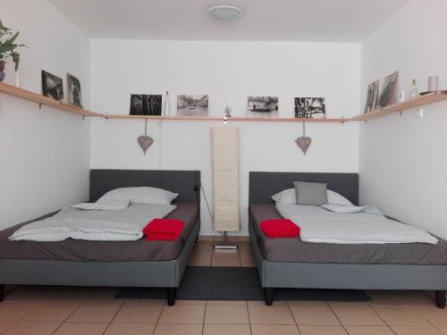 two beds in a room with shelves on the wall at Borálom Stúdió Apartman Tokaj in Tokaj