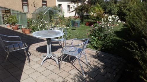 einen Tisch und Stühle auf einer Terrasse mit Blumen in der Unterkunft Apartment Ahrbergen in Giesen