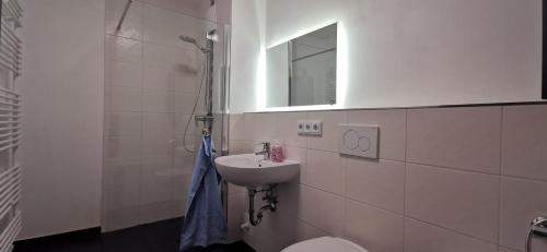 ein Badezimmer mit einem Waschbecken, einem WC und einem Spiegel in der Unterkunft Haus am Fleet in Hamburg