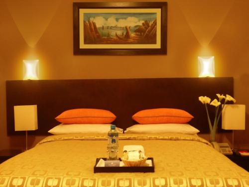 1 dormitorio con 1 cama grande con almohadas de color naranja en Acuario Hotel & Suite, en Lima