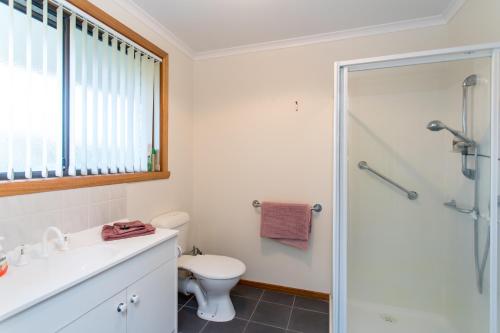 uma casa de banho com um WC e uma cabina de duche em vidro. em Acton Park Holiday Units em Acton Park