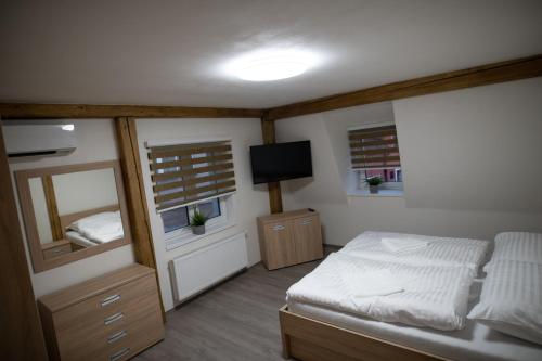 a bedroom with a bed and a flat screen tv at Apartmány Meandry in Mimoň