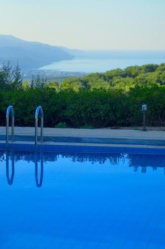 a swimming pool with blue water and trees in the background at Elia Hotel & Spa in Áno Voúvai