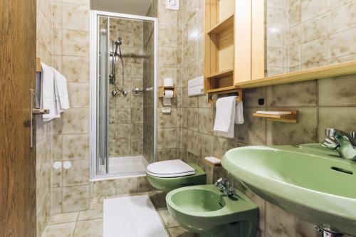 a bathroom with a green sink and a toilet at Hotel Schönwies in Trodena