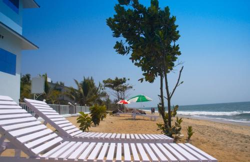 a row of lounge chairs on a beach with an umbrella at Sealine Beach Resorts in Cherai Beach
