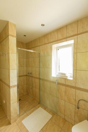 a bathroom with a shower and a window at Apartmány U Procházků in Český Krumlov