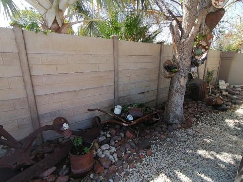 a fence with a tree next to a tree at Gemutlich Guesthouse in Upington