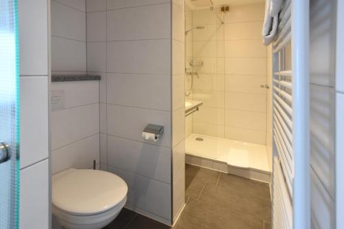 a small bathroom with a toilet and a shower at Römerhof in Stuttgart