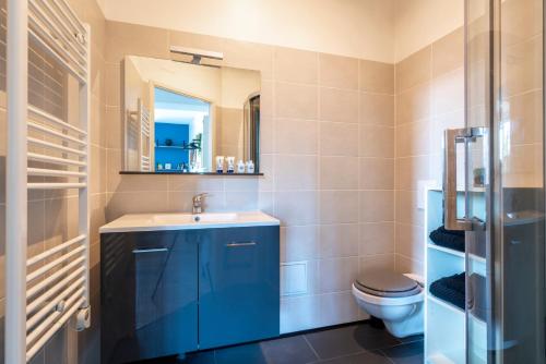 a bathroom with a blue sink and a toilet at Studio Craffe Nancy - Calme Cosy Lumineux et Parking in Nancy