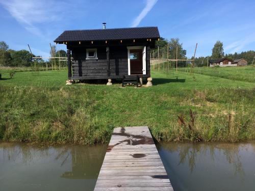 a small shack on the side of a body of water at Vila Migla in Pašekščiai