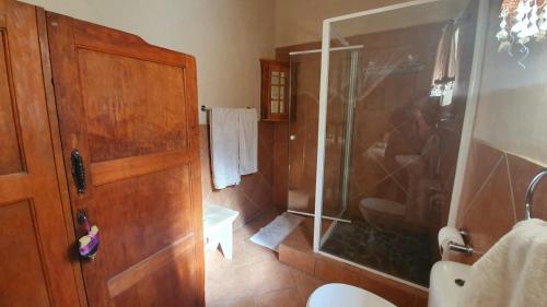 ein Bad mit einer Dusche, einem WC und einer Tür in der Unterkunft The Old Watchmakers Guest House in Bethulie