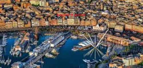 an aerial view of a harbor with a bridge and boats at memeapartments in Genova