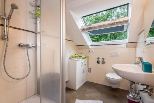 a bathroom with a shower and a sink and a toilet at Apartmenthaus am Erlbach in Buch am Erlbach