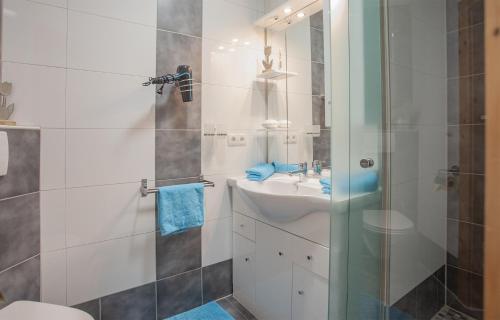 a bathroom with a shower and a sink and a toilet at apart.pitztal in Arzl im Pitztal
