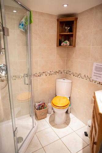 a bathroom with a toilet with a wooden toilet seat at Cosy Cottage ground floor bedroom ensuite with private entrance in Chichester