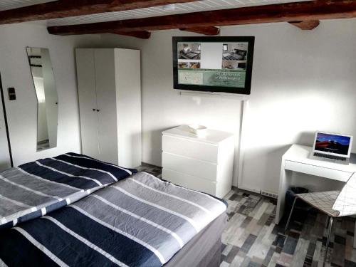 Schlafzimmer mit einem Bett, einem Schreibtisch und einem TV in der Unterkunft Gästehaus im Weserbergland in Deensen
