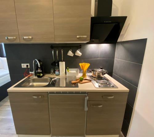 a small kitchen with a sink and a stove at Appartment Stadtgarten in Tuttlingen