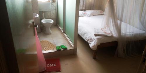 a bedroom with a mirror and a bed and a toilet at Hotel Jaffers Nairobi in Nairobi