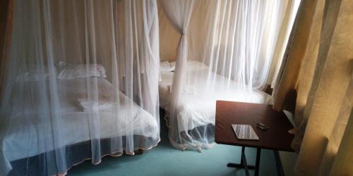 two beds in a room with white curtains at Hotel Jaffers Nairobi in Nairobi