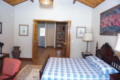 a bedroom with a bed and a chair in a room at Refúgio das Araucárias in Ibiúna