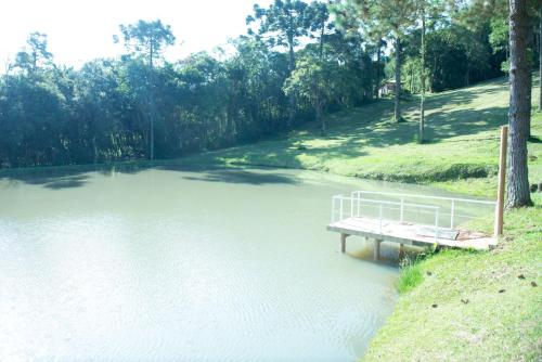 a bench sitting in the middle of a lake at Refúgio das Araucárias in Ibiúna