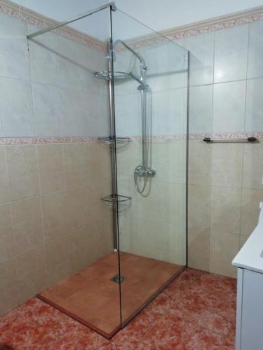 a shower with a glass door in a bathroom at El Limonero in Garafía