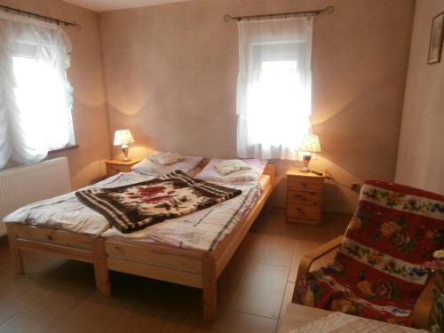 1 dormitorio con 1 cama, 1 silla y 2 ventanas en Agroturystyka Pod bocianem en Gołuchów