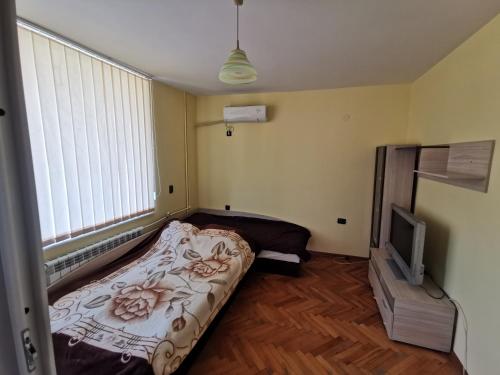 a small bedroom with a bed and a television at Mountain view apartment in Vratsa