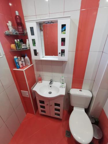 a bathroom with a white toilet and a sink at Mountain view apartment in Vratsa