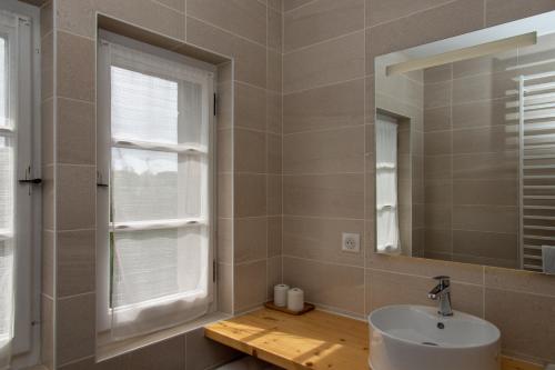 Saint-Paul-en-ChablaisにあるAmodo Lodge - Maison d'hôtesの洗面台と鏡と窓のあるバスルーム