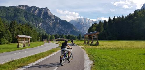 a person riding a bike down a road at Zajček Apartma in Mojstrana