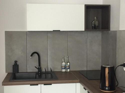 cocina con fregadero y encimera en Apartament loft Krzeszowice centrum en Krzeszowice