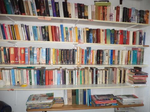 a book shelf filled with lots of books at Lilo's Apartments in Livadi Astypalaias