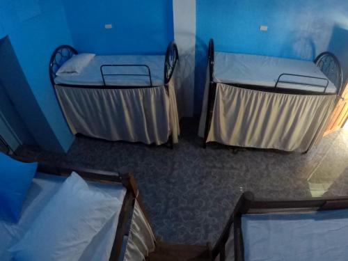 2 Einzelbetten in einem Zimmer mit blauen Wänden in der Unterkunft Carillo guest house in Coron