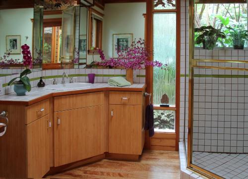 een badkamer met een wastafel en een spiegel bij Volcano Rainforest Retreat in Volcano