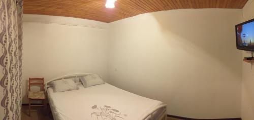 a small bedroom with a bed and a television at Casa Agricultorului Varzari in Butuceni