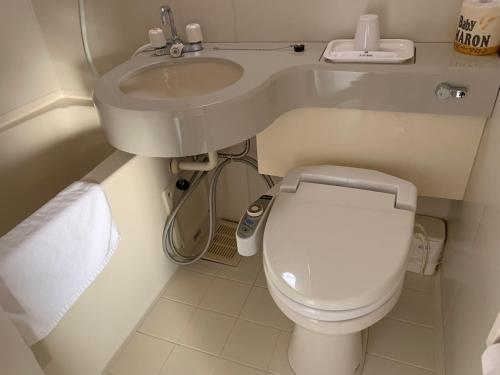 a small bathroom with a toilet and a sink at Super Hotel Matsusaka in Matsuzaka