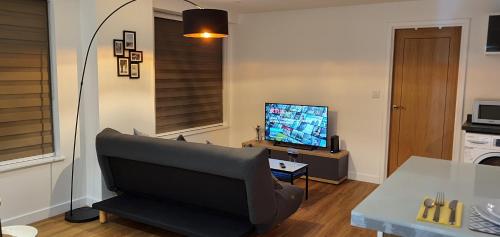 a living room with a couch and a television at Northampton 2 Bedroom Town Centre Apartment close to University, Hospitals, Brackmills in Northampton