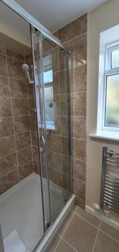 um chuveiro com uma porta de vidro na casa de banho em Plas Penaeldroch Manor em Dolwyddelan