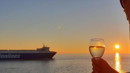 a person holding a glass of wine in front of a ship at Studio Zeezicht in Vlissingen