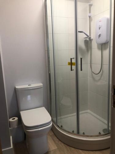 a bathroom with a toilet and a shower at Central Unite management Ltd in Manchester