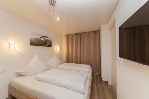 mały pokój z łóżkiem i telewizorem z płaskim ekranem w obiekcie Landmann Apartment Metzingen w mieście Metzingen