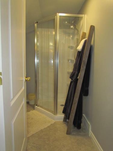 een douche in een badkamer met een glazen douchecabine bij Willow B Inn in Kingsville
