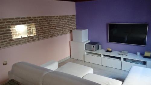 ein Wohnzimmer mit einem Sofa und einem Flachbild-TV in der Unterkunft COSY DOUBLE ROOM + PRIVATE BATHROOM SEVILLA CENTER in Sevilla