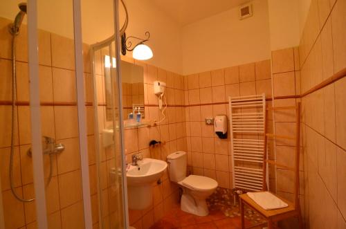 uma casa de banho com um WC, um lavatório e um chuveiro em Baronka Bed & Breakfast & Bistrot em Betliar