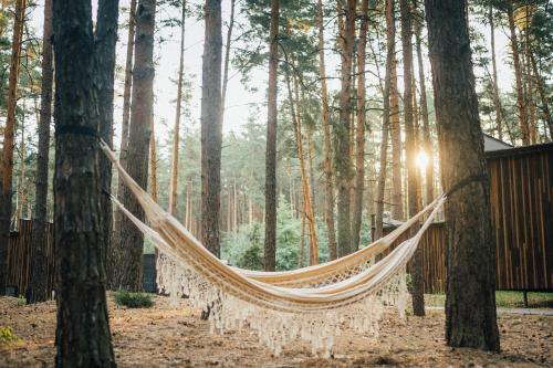 a hammock hanging between two trees in a forest at Verholy Relax Park in Sosnovka