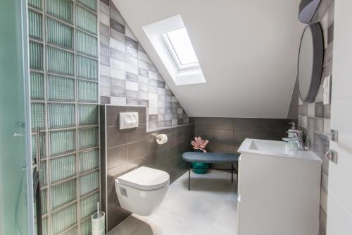 a bathroom with a toilet and a sink and a skylight at B&B Tara Garden in Velika Gorica