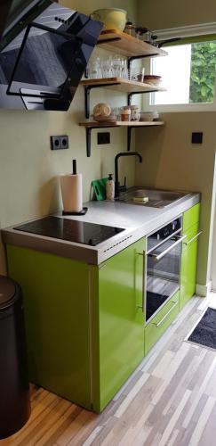 a green kitchen with a sink and a stove at JaBaKi Green Studio in Hoofddorp